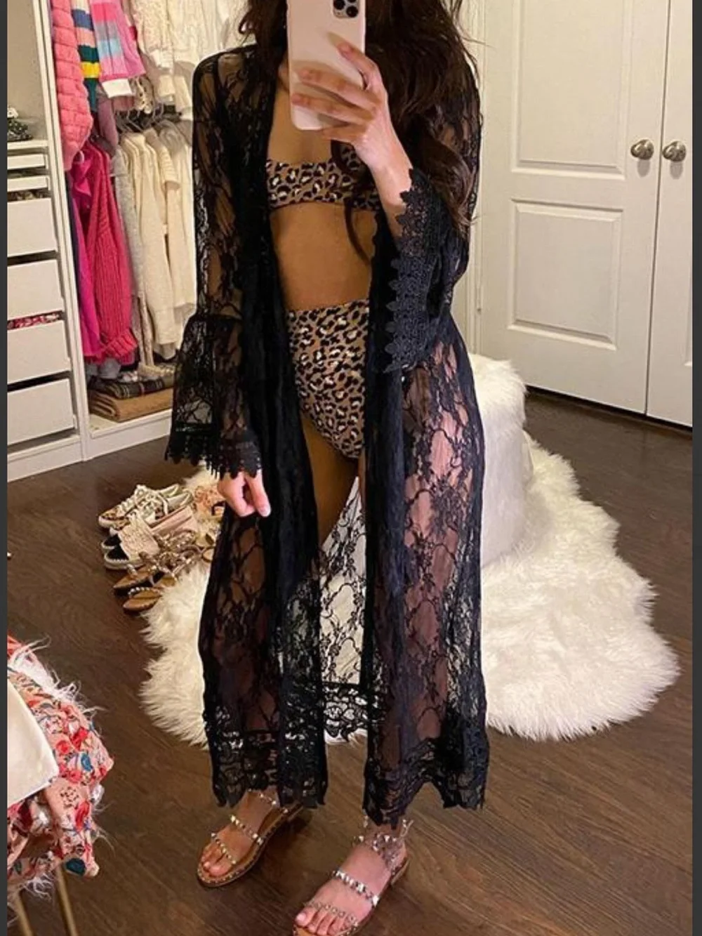 Black Lace Duster Kimono - Sheer Long Cover-Up